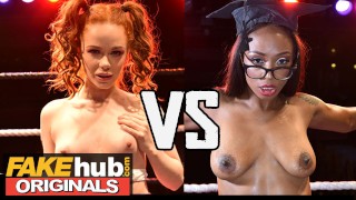 FAKEhub Redhead Teen and Ebony MILF teacher share a cock