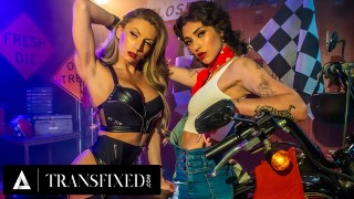 TRANSFIXED - Mechanic Brookly Gray Services Biker Jade Venus' TRANS COCK And Gets FACE FUCKED!